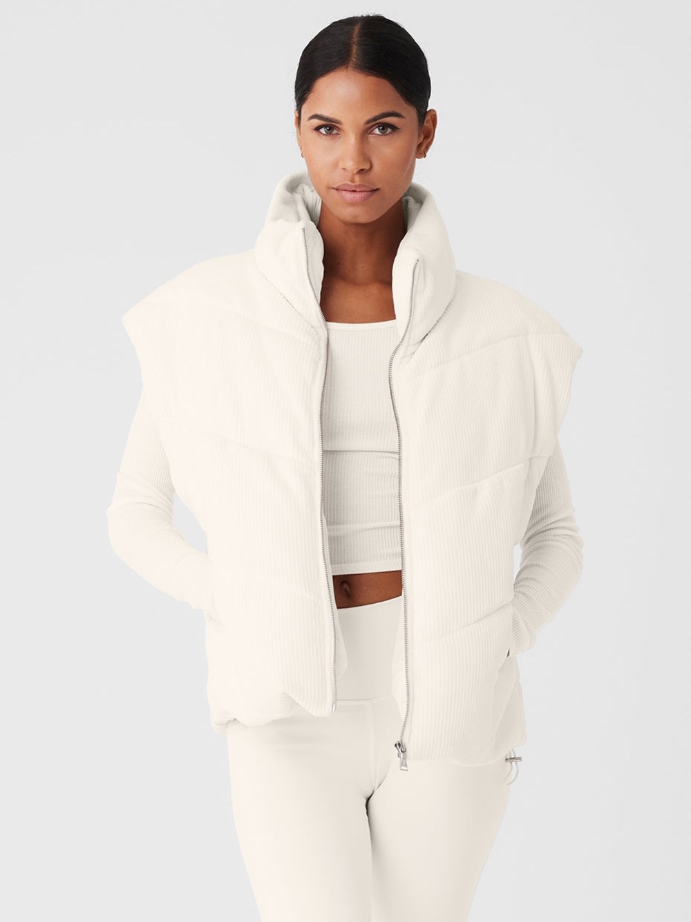 ALO Yoga Ribbed Velour Mountain Side Puffer Vest in Ivory - S